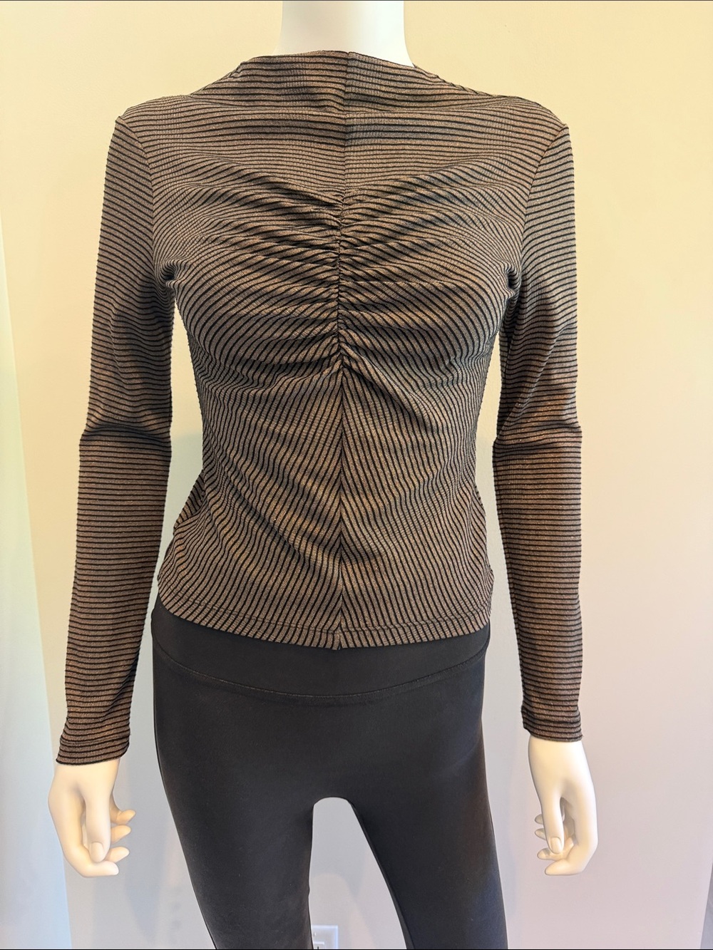 AllSaints Brown and Black Ruched Ribbed Long-Sleeve Top